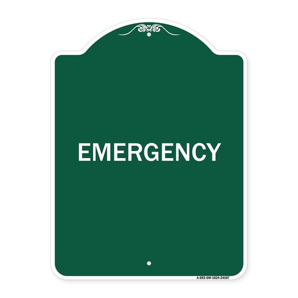 Designer Series Sign-Emergency, Green & White Aluminum Architectural Sign, 18" x 24", GW-1824-24107